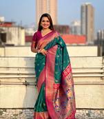 Green zari woven nath contrast yeola paithani silk blend saree