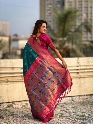 Green zari woven nath contrast yeola paithani silk blend saree 2