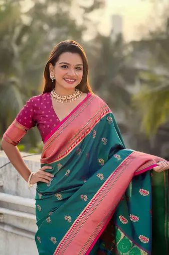 Green zari woven nath contrast yeola paithani silk blend saree