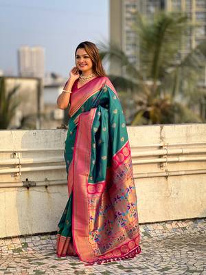 Green zari woven nath contrast yeola paithani silk blend saree 4