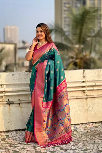 Green zari woven nath contrast yeola paithani silk blend saree