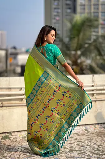 Pista zari woven nath contrast yeola paithani silk blend saree