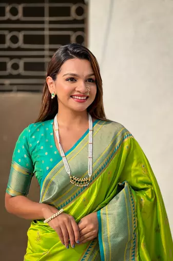Pista zari woven nath contrast yeola paithani silk blend saree
