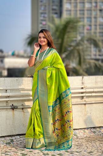 Pista zari woven nath contrast yeola paithani silk blend saree