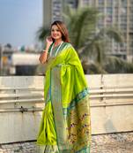 Pista zari woven nath contrast yeola paithani silk blend saree