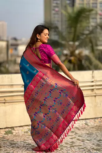 Blue zari woven nath contrast yeola paithani silk blend saree