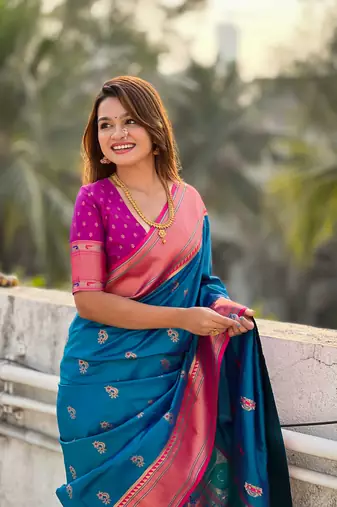 Blue zari woven nath contrast yeola paithani silk blend saree