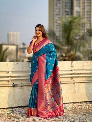 Blue zari woven nath contrast yeola paithani silk blend saree 1