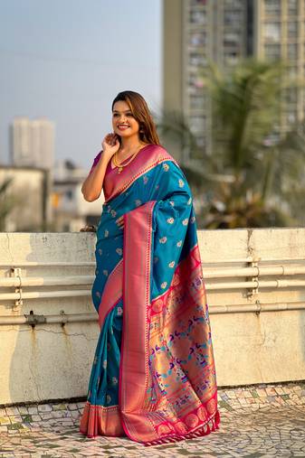 Blue zari woven nath contrast yeola paithani silk blend saree