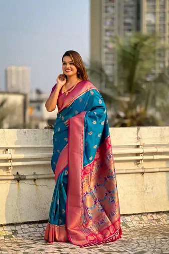 Blue zari woven nath contrast yeola paithani silk blend saree