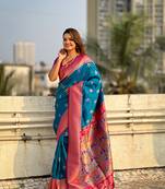 Blue zari woven nath contrast yeola paithani silk blend saree