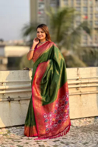 Mehendi green pure tissue zari woven patola saree with contrast weaves