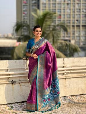 Purple pure tissue zari woven patola saree with contrast weaves 1