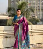 Purple pure tissue zari woven patola saree with contrast weaves
