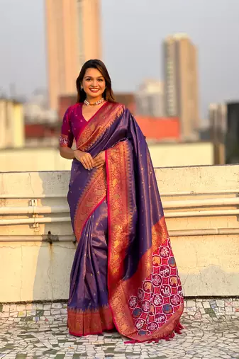 Violet pure tissue zari woven patola saree with contrast weaves