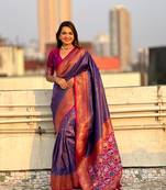 Violet pure tissue zari woven patola saree with contrast weaves