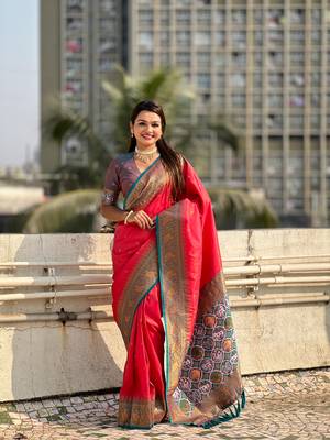 Pink pure tissue zari woven patola saree with contrast weaves 1