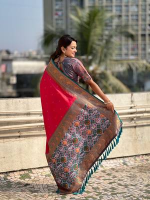 Pink pure tissue zari woven patola saree with contrast weaves 2