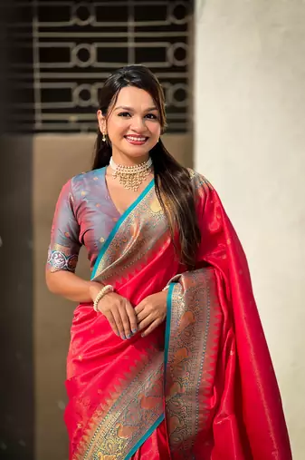 Pink pure tissue zari woven patola saree with contrast weaves