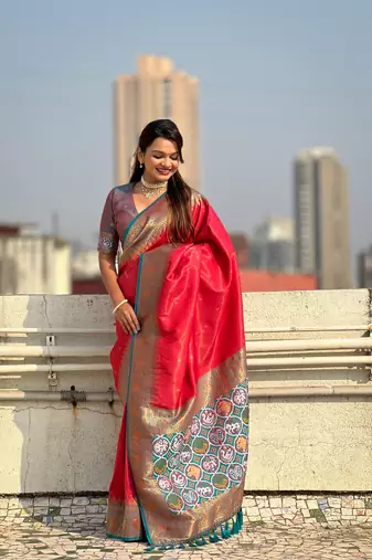Pink pure tissue zari woven patola saree with contrast weaves
