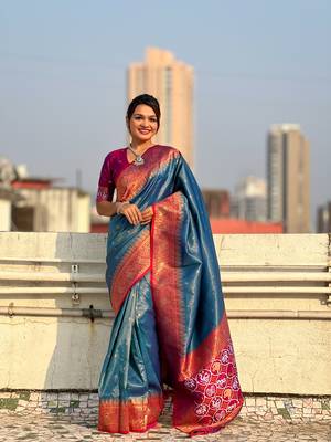 Blue pure tissue zari woven patola saree with contrast weaves 1