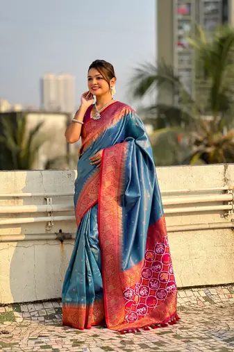 Blue pure tissue zari woven patola saree with contrast weaves