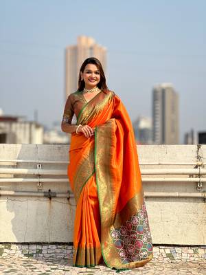 Orange pure tissue zari woven patola saree with contrast weaves 1