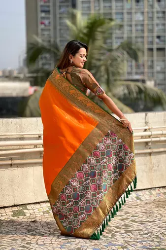 Orange pure tissue zari woven patola saree with contrast weaves