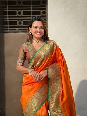 Orange pure tissue zari woven patola saree with contrast weaves 3