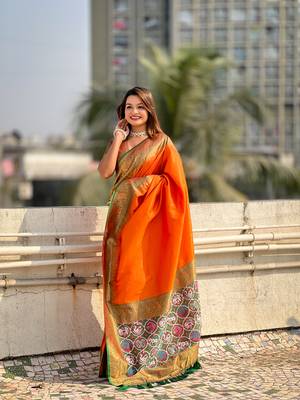 Orange pure tissue zari woven patola saree with contrast weaves 4