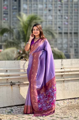 Lavender pure tissue zari woven patola saree with contrast weaves