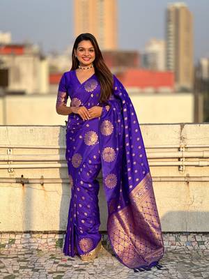 Violet soft silk blend dual zari woven saree with peacock border 1