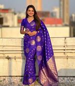 Violet soft silk blend dual zari woven saree with peacock border