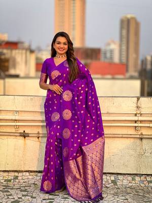 Purple soft silk blend dual zari woven saree with peacock border 1