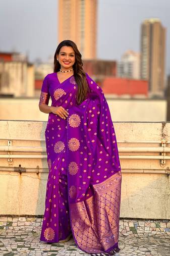 Purple soft silk blend dual zari woven saree with peacock border