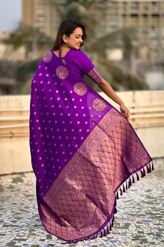 Purple soft silk blend dual zari woven saree with peacock border