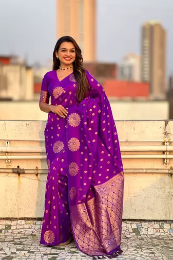 Purple soft silk blend dual zari woven saree with peacock border