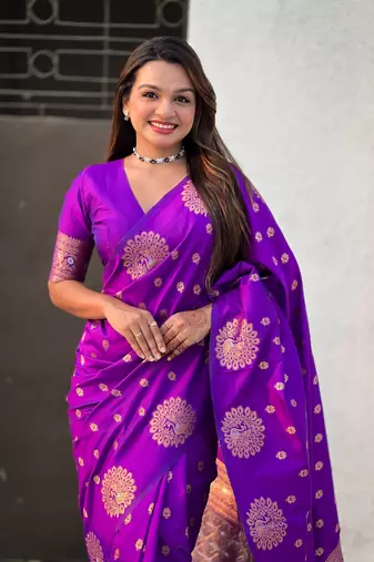Purple soft silk blend dual zari woven saree with peacock border