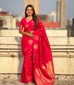 Pink soft silk blend dual zari woven saree with peacock border