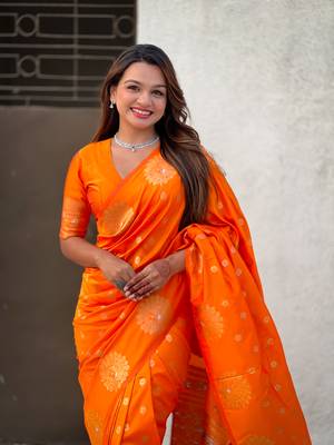 Orange soft silk blend dual zari woven saree with peacock border 5
