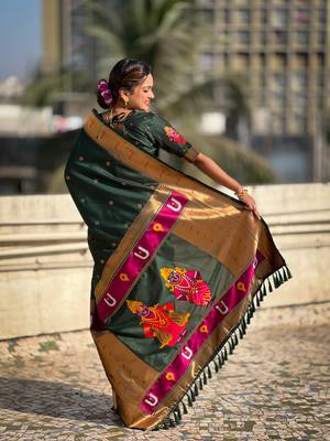 Bottle green zari woven vitthala god paithani silk blend saree 2