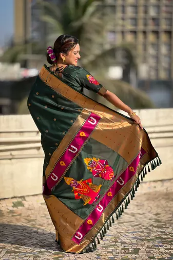 Bottle green zari woven vitthala god paithani silk blend saree