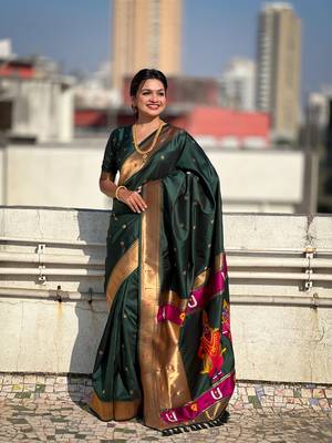 Bottle green zari woven vitthala god paithani silk blend saree 3
