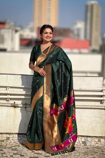 Bottle green zari woven vitthala god paithani silk blend saree