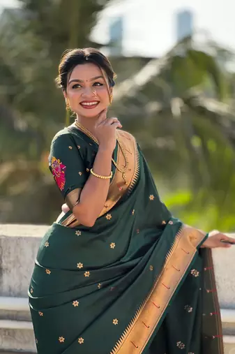 Bottle green zari woven vitthala god paithani silk blend saree