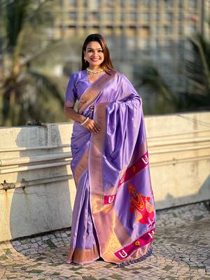 Lavender zari woven vitthala god paithani silk blend saree 1