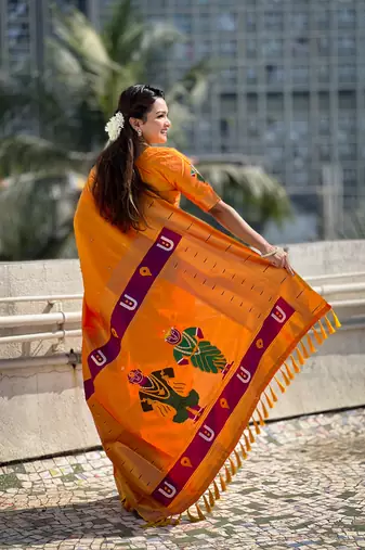 Gold zari woven vitthala god paithani silk blend saree