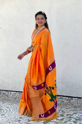 Gold zari woven vitthala god paithani silk blend saree