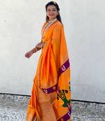 Gold zari woven vitthala god paithani silk blend saree