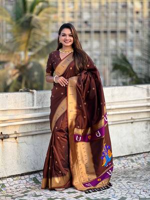 Coffee brown zari woven vitthala god paithani silk blend saree 1